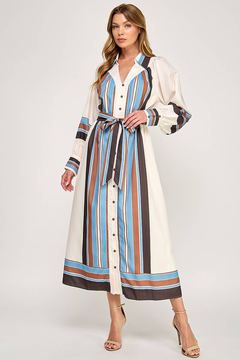 Belted Striped Button Down Maxi Shirt Dress