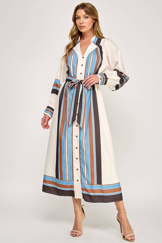 Belted Striped Button Down Maxi Shirt Dress