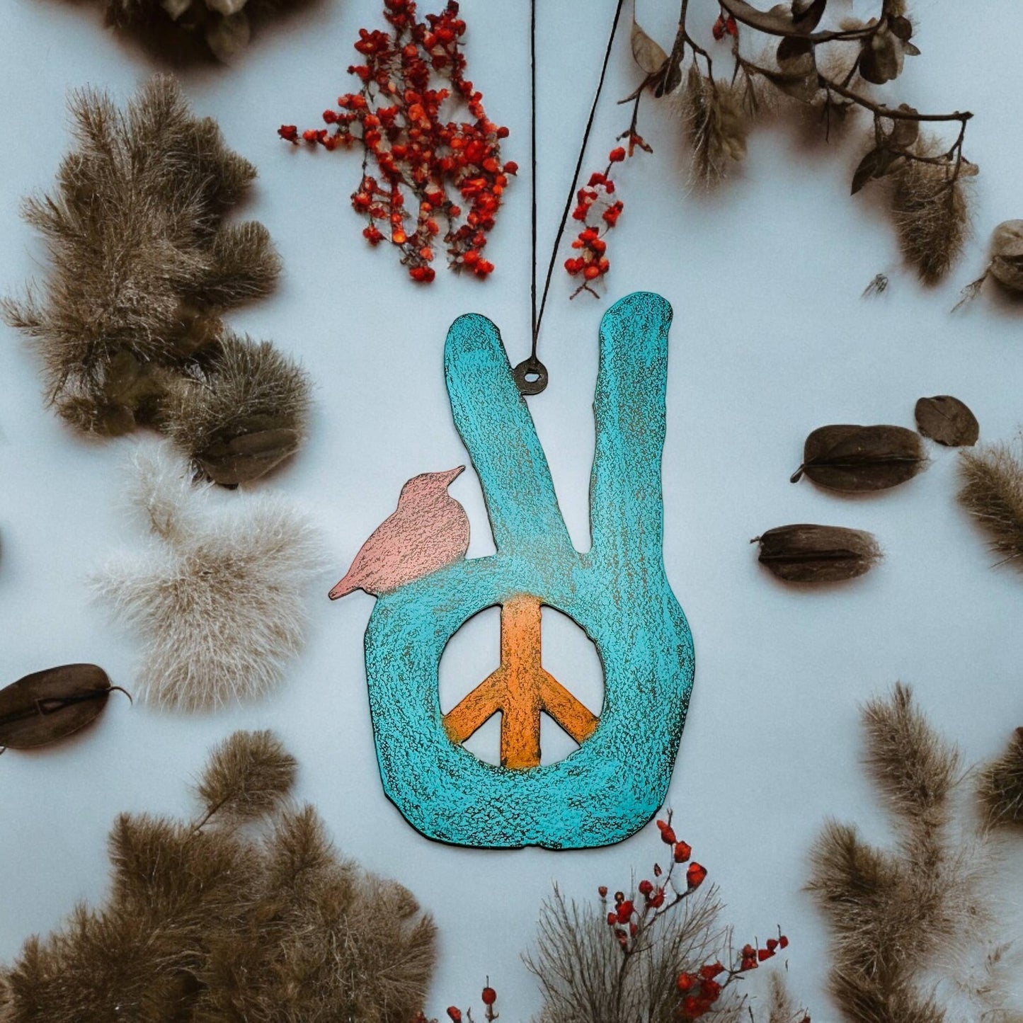 Peace sign ornament hippie hand bird metal gift recycled USA