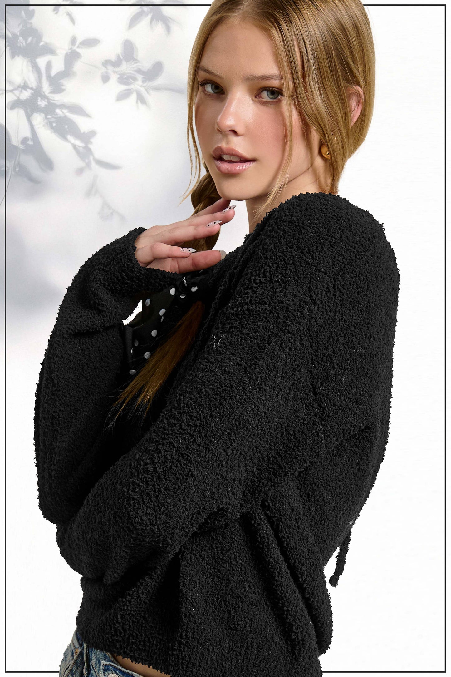 Fuzzy Reversible Drawstring V-Neck Sweater