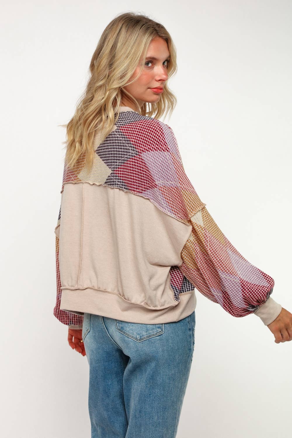 Argyle Print Oversized Long Sleeve Knit Top