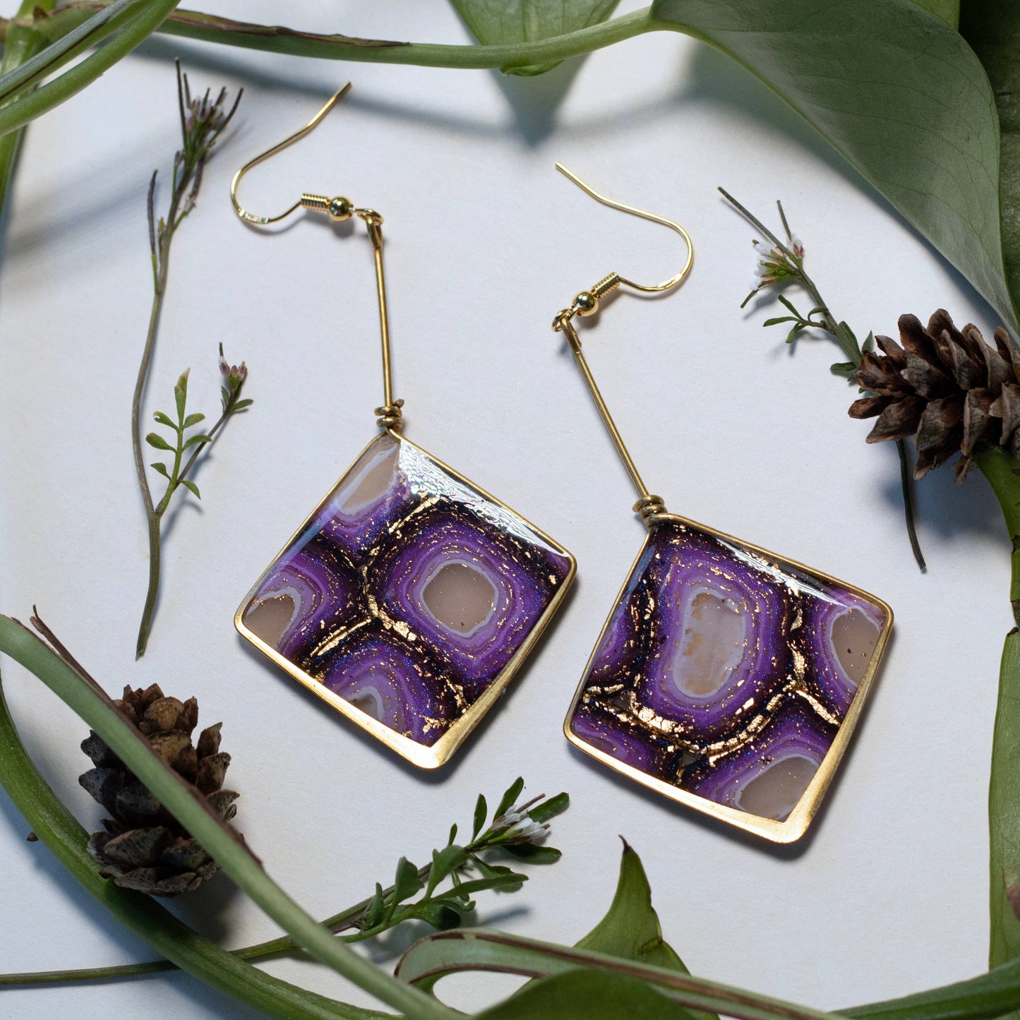 Diamond Dangle | Gold Frame Statement Earrings | Handmade