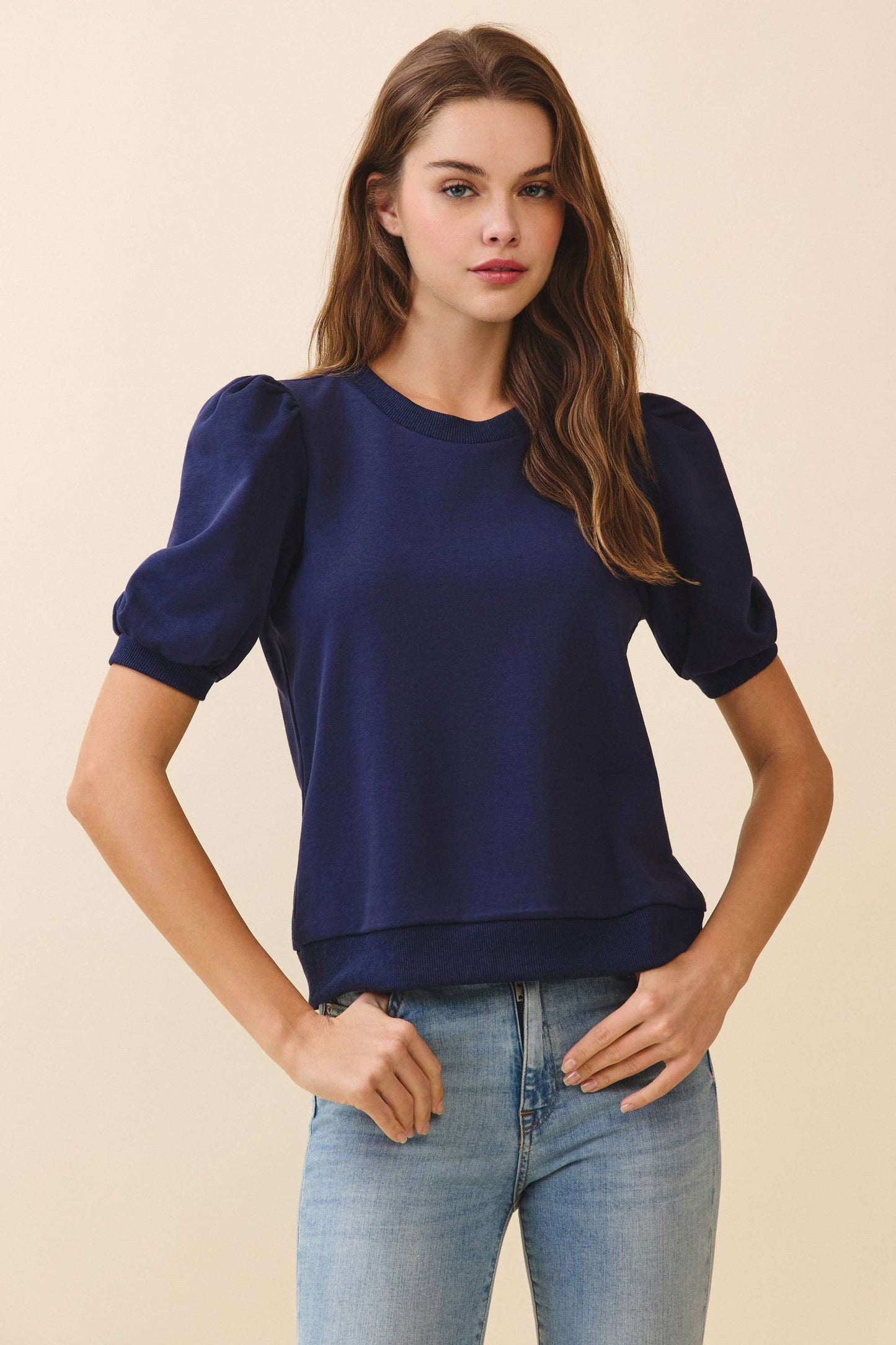 CT8936-Crew Neck Short Puff Sleeves Knit Top