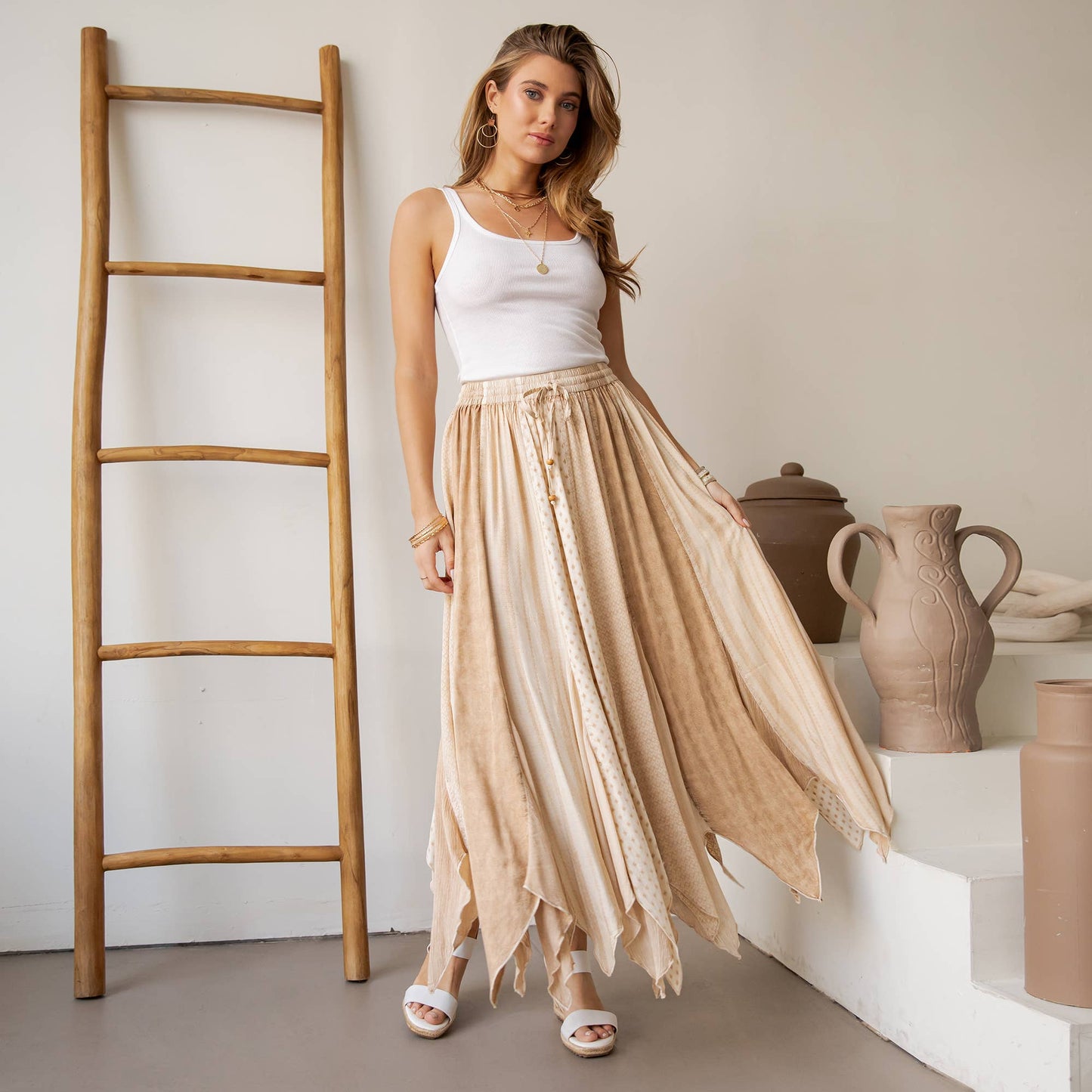 Artisan Bohemian Patchwork Handkerchief Maxi Skirt NEW