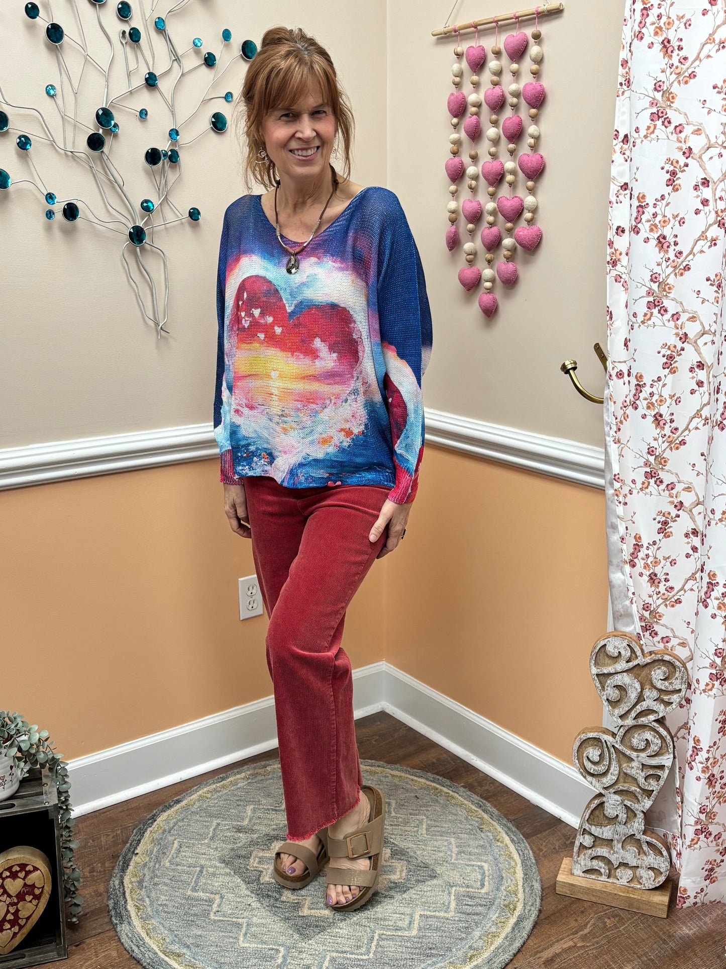 Sea Heart V-Neck Knit Printed Long Sleeves Sweater LOOWIE