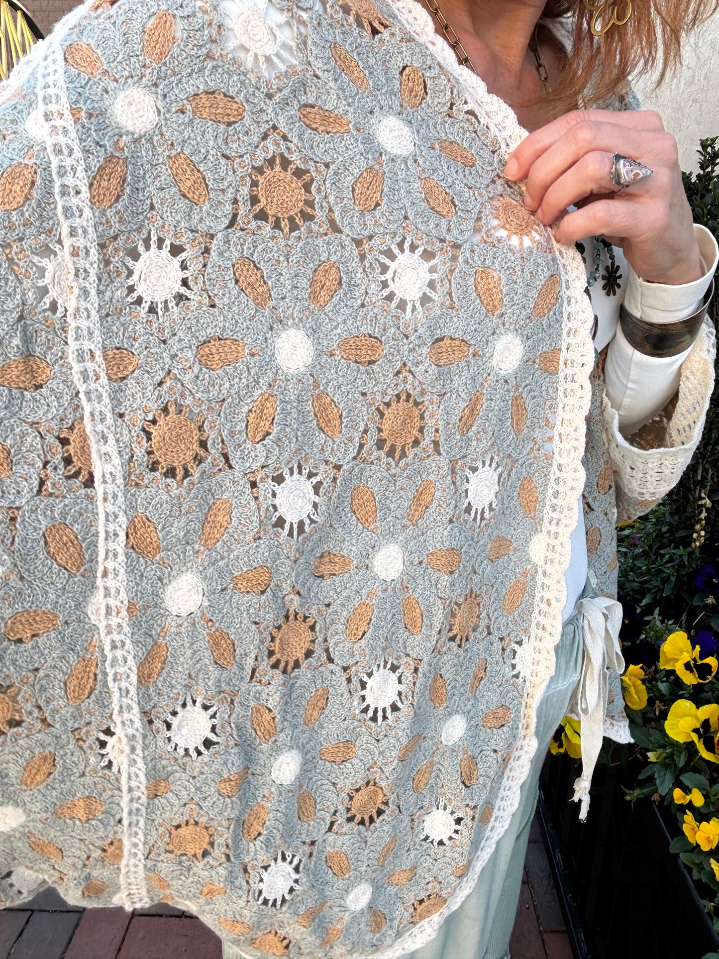 Soft Sage and Cream Crochet Kimono Cardigan
