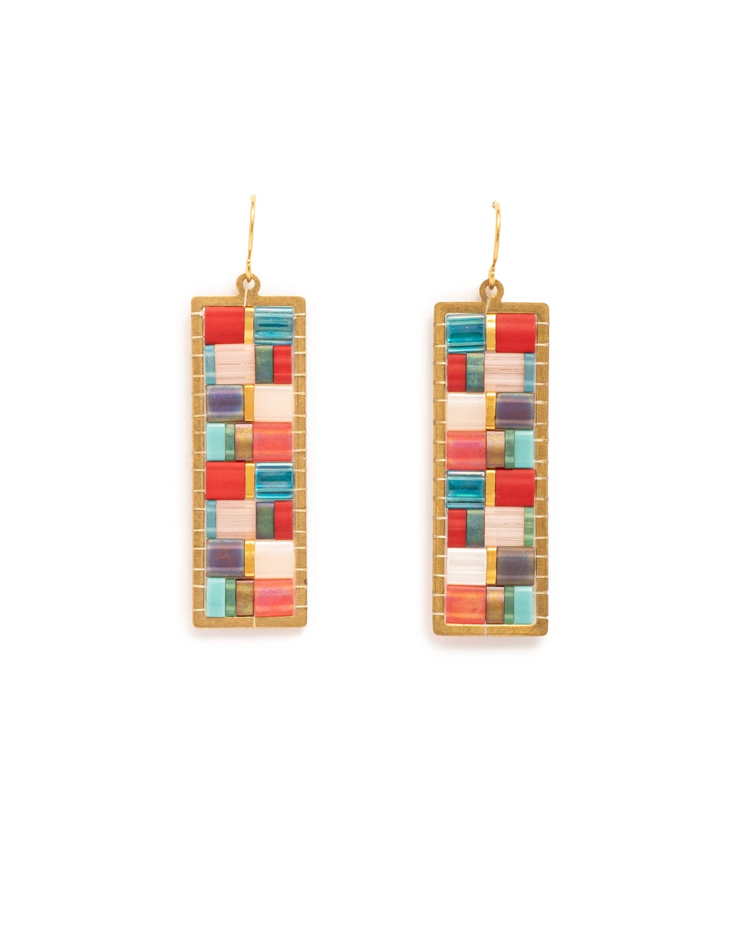 Beaded Handwoven Mosaic Tila and Brass Earrings (Aqua/Red)