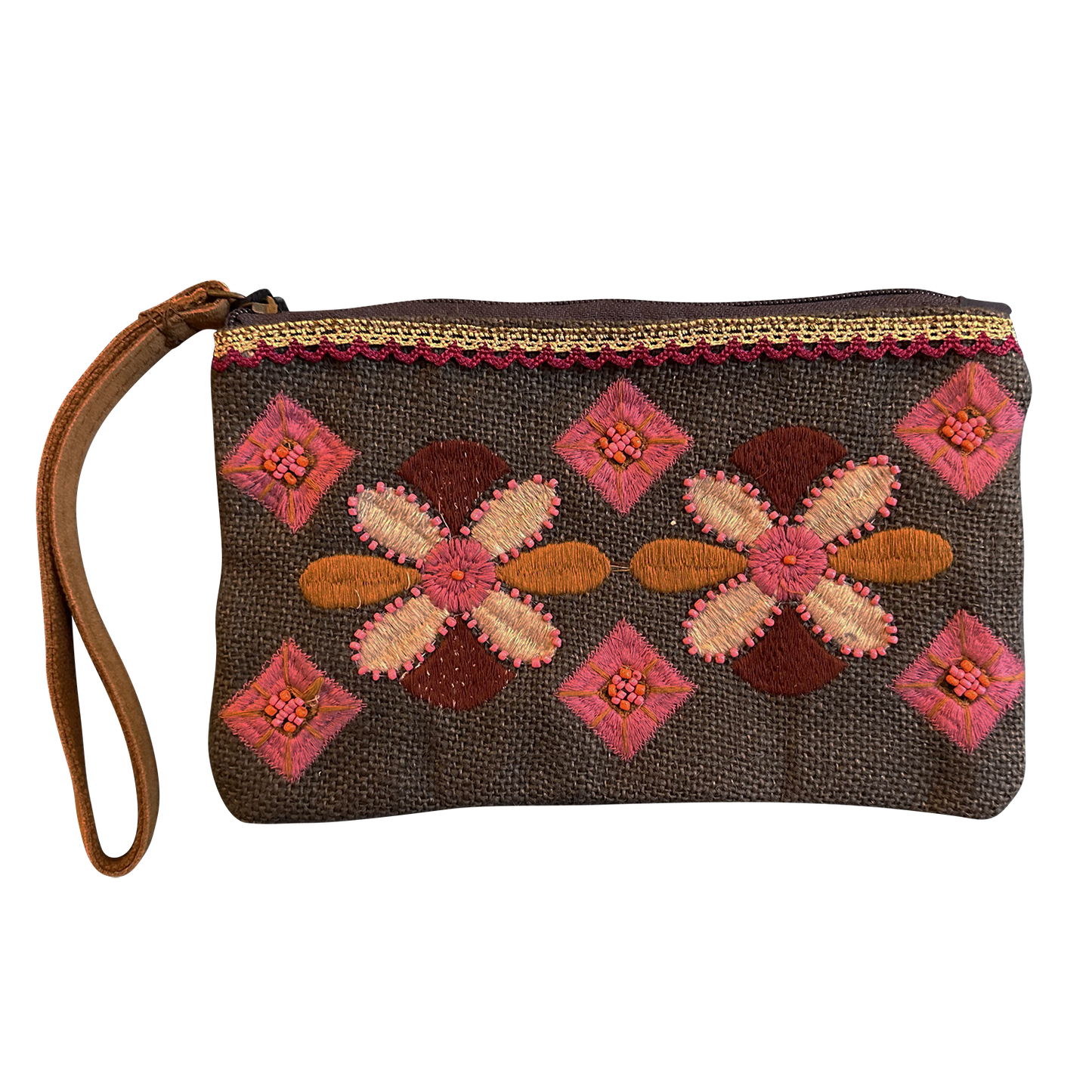 Charcoal Flowers Cotton Polyester Unisex Beaded Wristlet