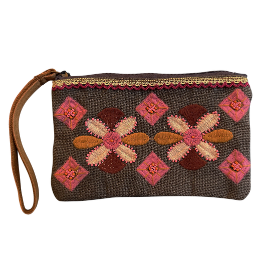 Charcoal Flowers Cotton Polyester Unisex Beaded Wristlet