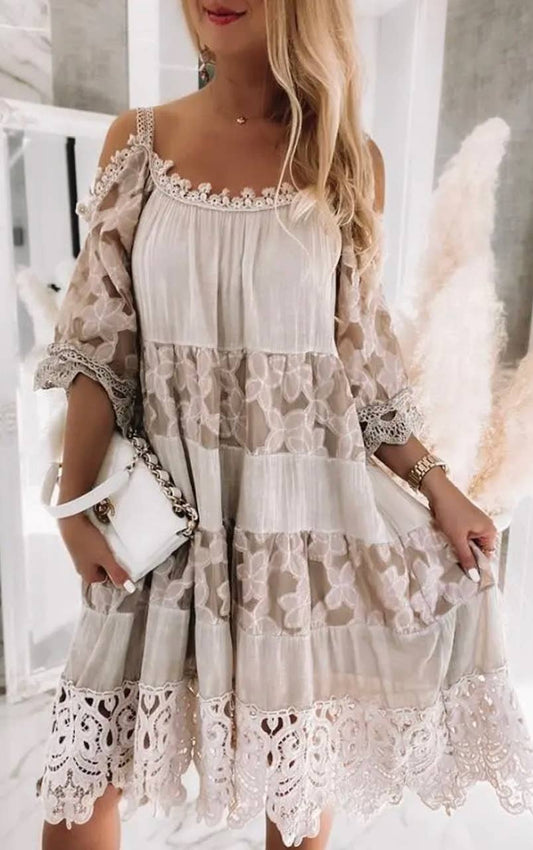Italian Beige Lace Open Shoulder Cotton Blend Dress