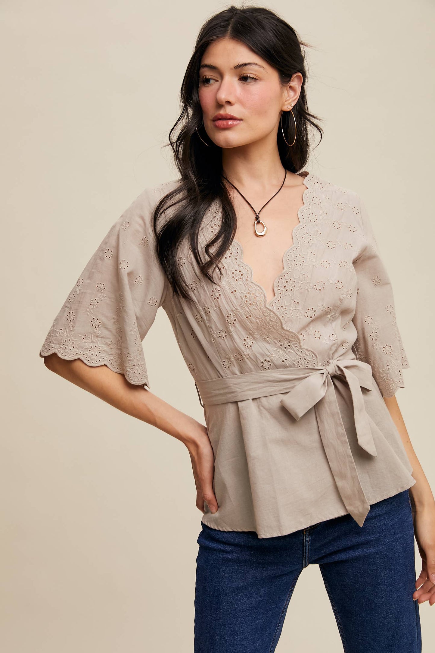Eyelet Embroidered Wrap Blouse