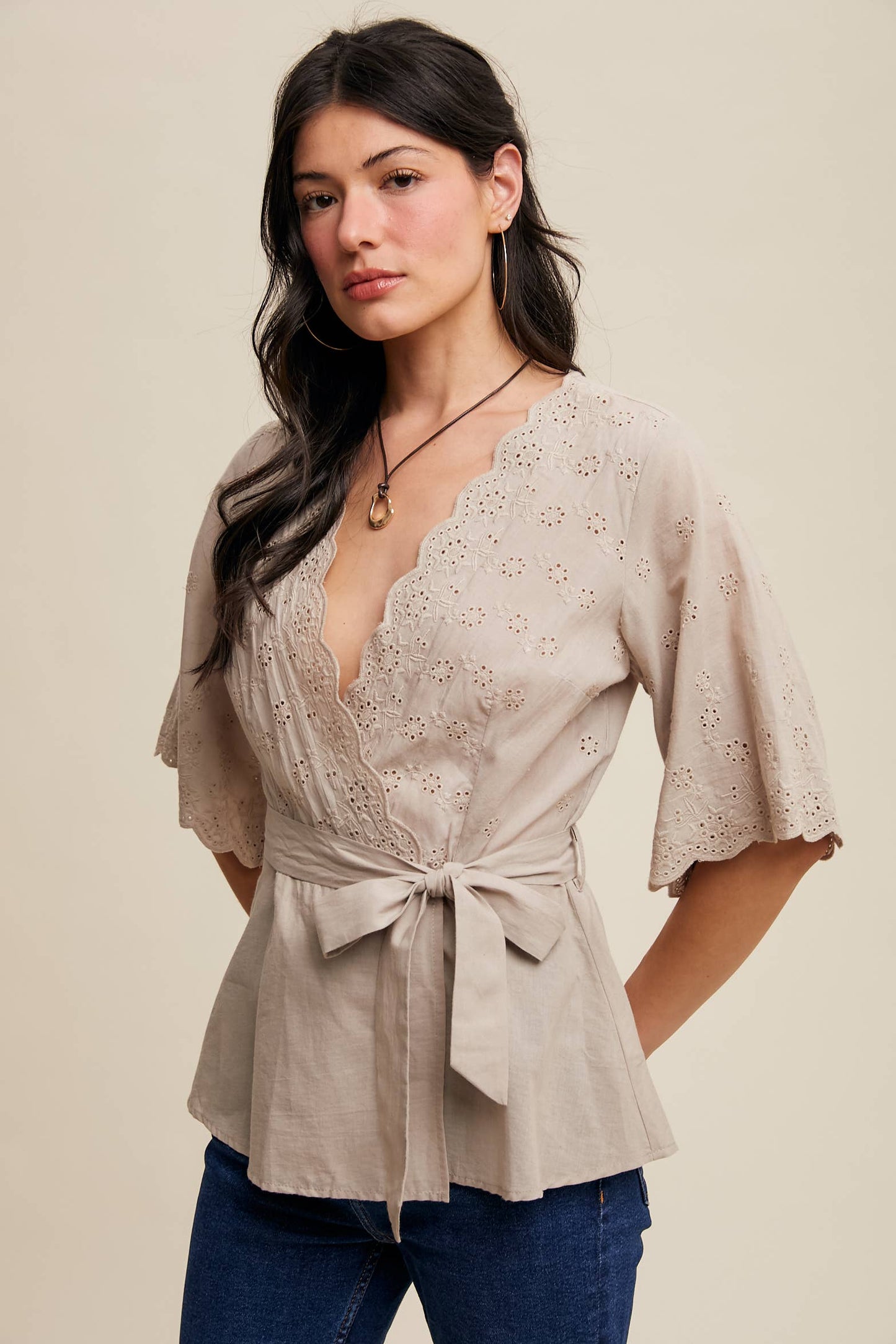 Eyelet Embroidered Wrap Blouse