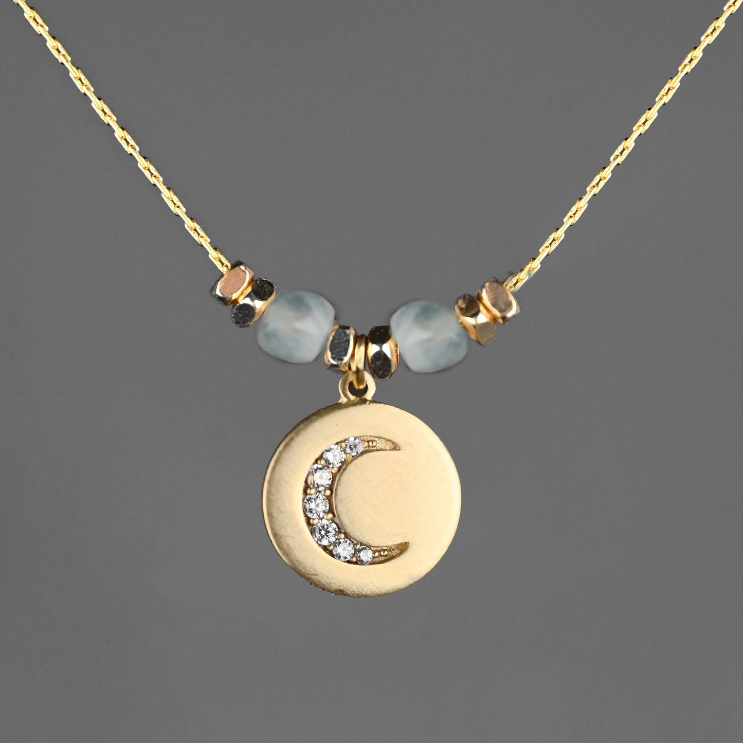 Pave Moon w/ Semi Precious Stones Necklace