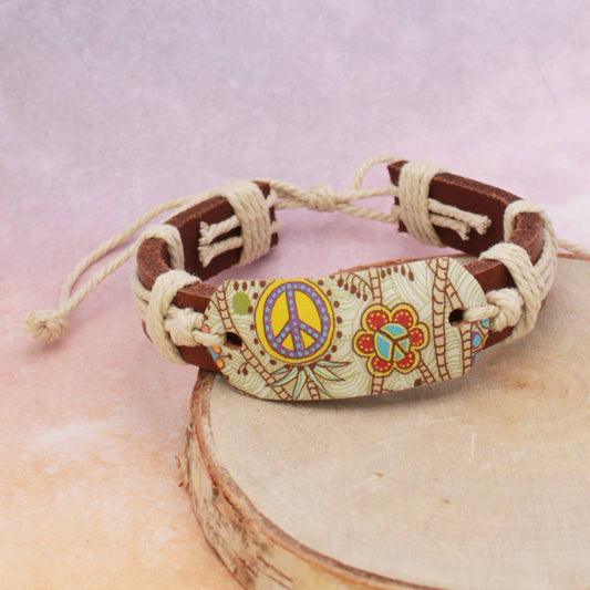 Retro Peace Print Leather Pull Bracelet