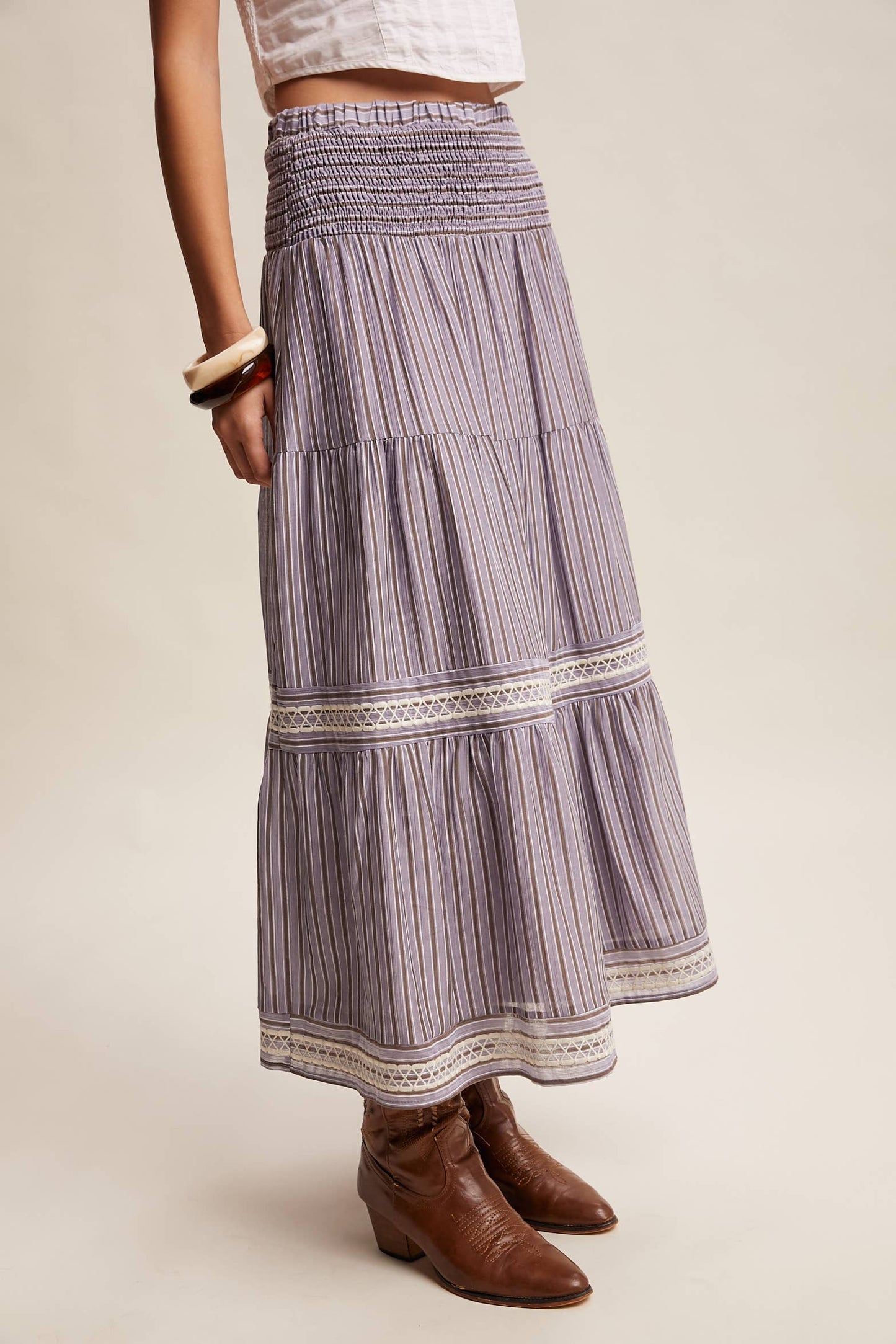 Striped Smocked Maxi Skirt with Embroidery Accents LSK0280