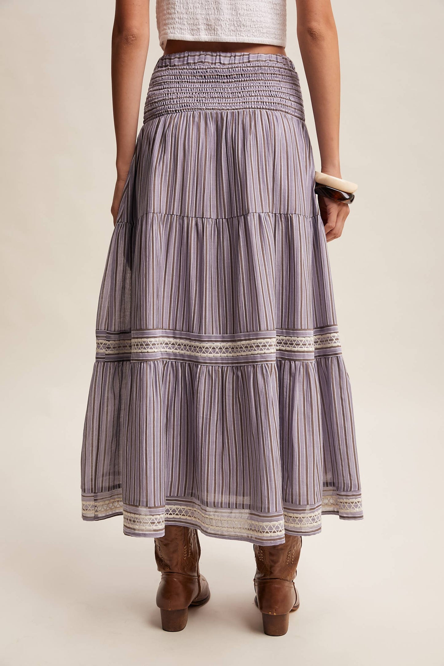 Striped Smocked Maxi Skirt with Embroidery Accents LSK0280