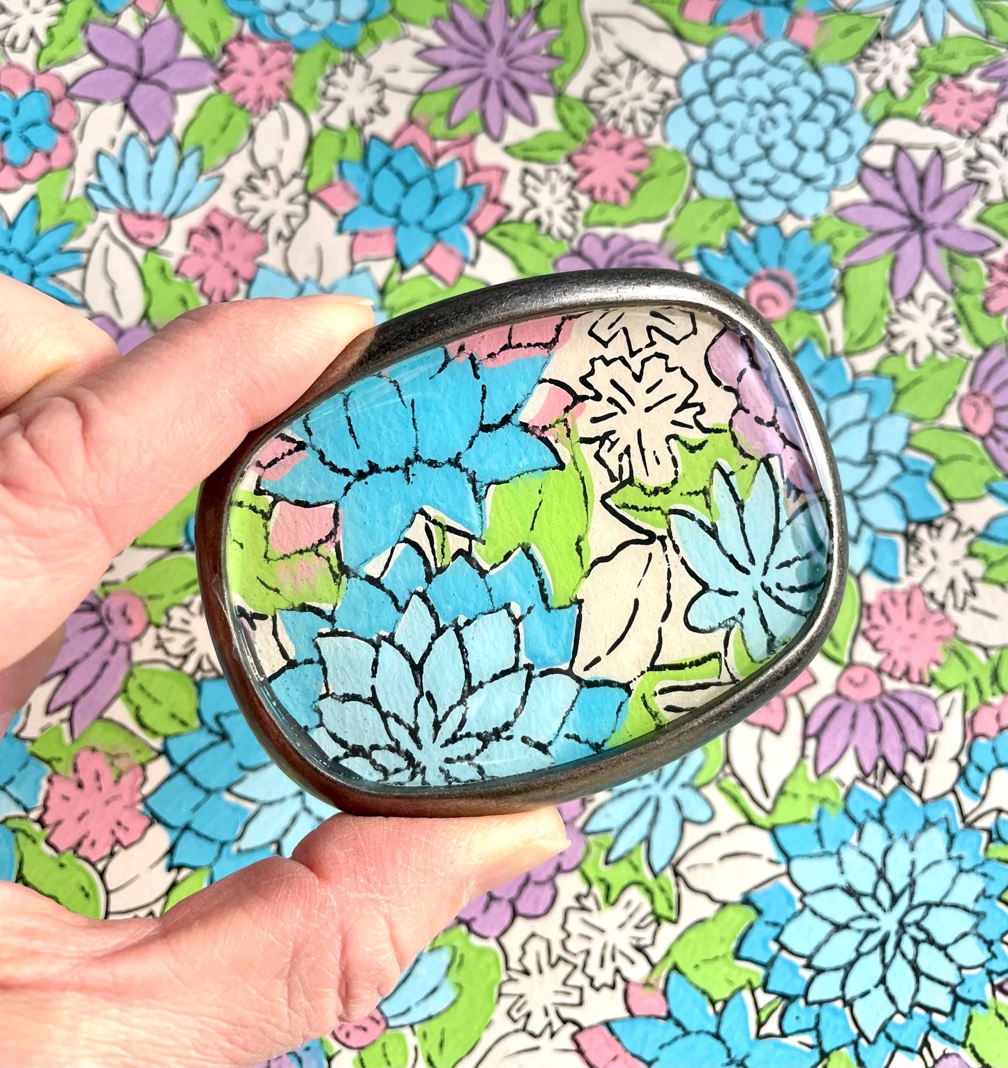 Belt buckle, pastels - vintage flowers, preppy, pink + green