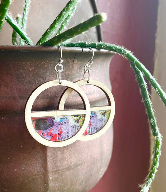 Natural Light Wood Circle Earrings - paint palette purples