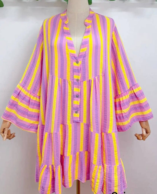 Purple One Size Italian Striped Short Printed Dress