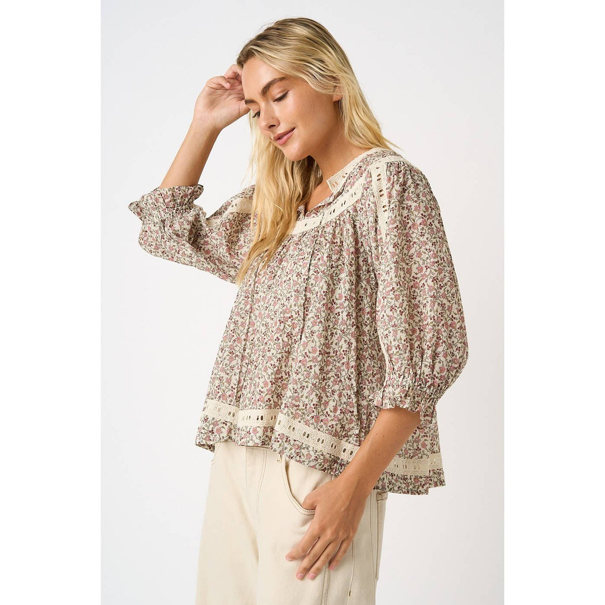 Floral Crochet Trim Boho Blouse