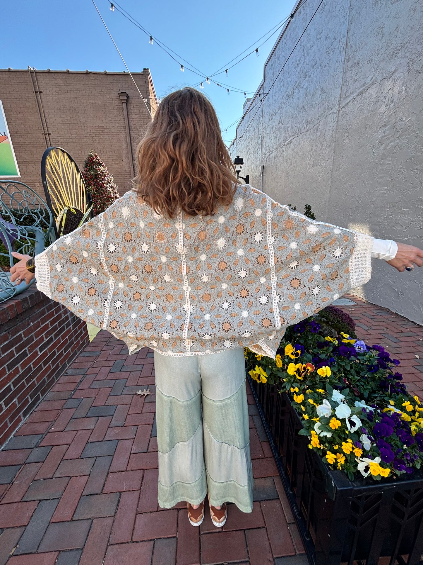 Soft Sage and Cream Crochet Kimono Cardigan