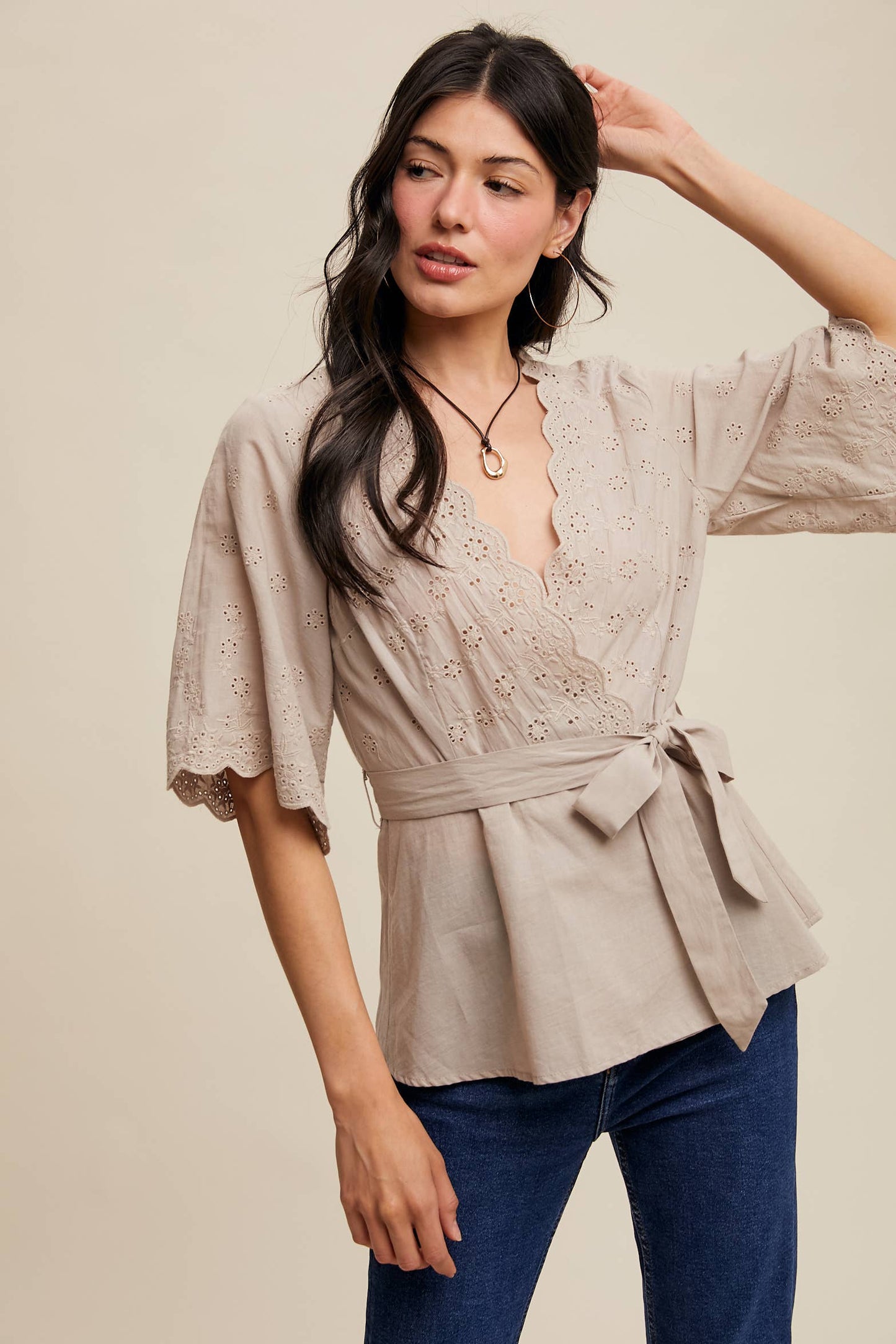 Eyelet Embroidered Wrap Blouse
