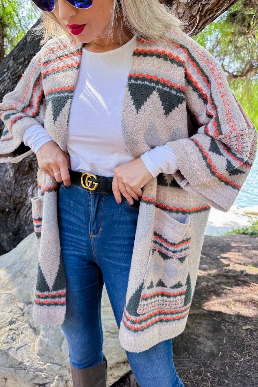 Olive Aztec Soft Knit Open Front Cardigan With Pocket