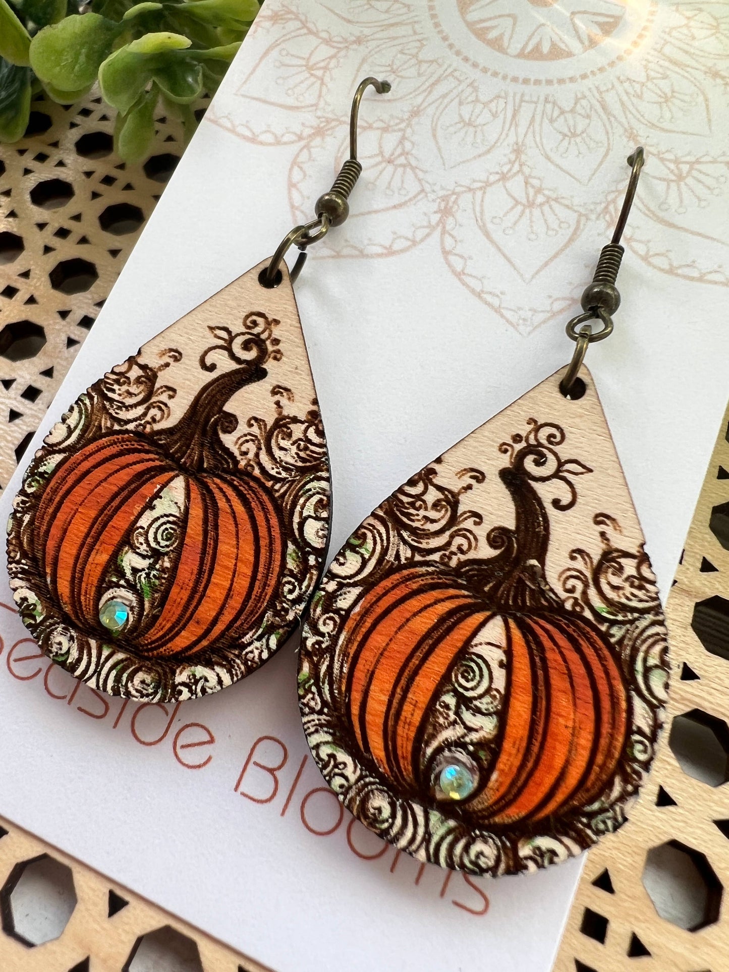 Pumpkin  hand painted lightweight  maple wood earrings   
