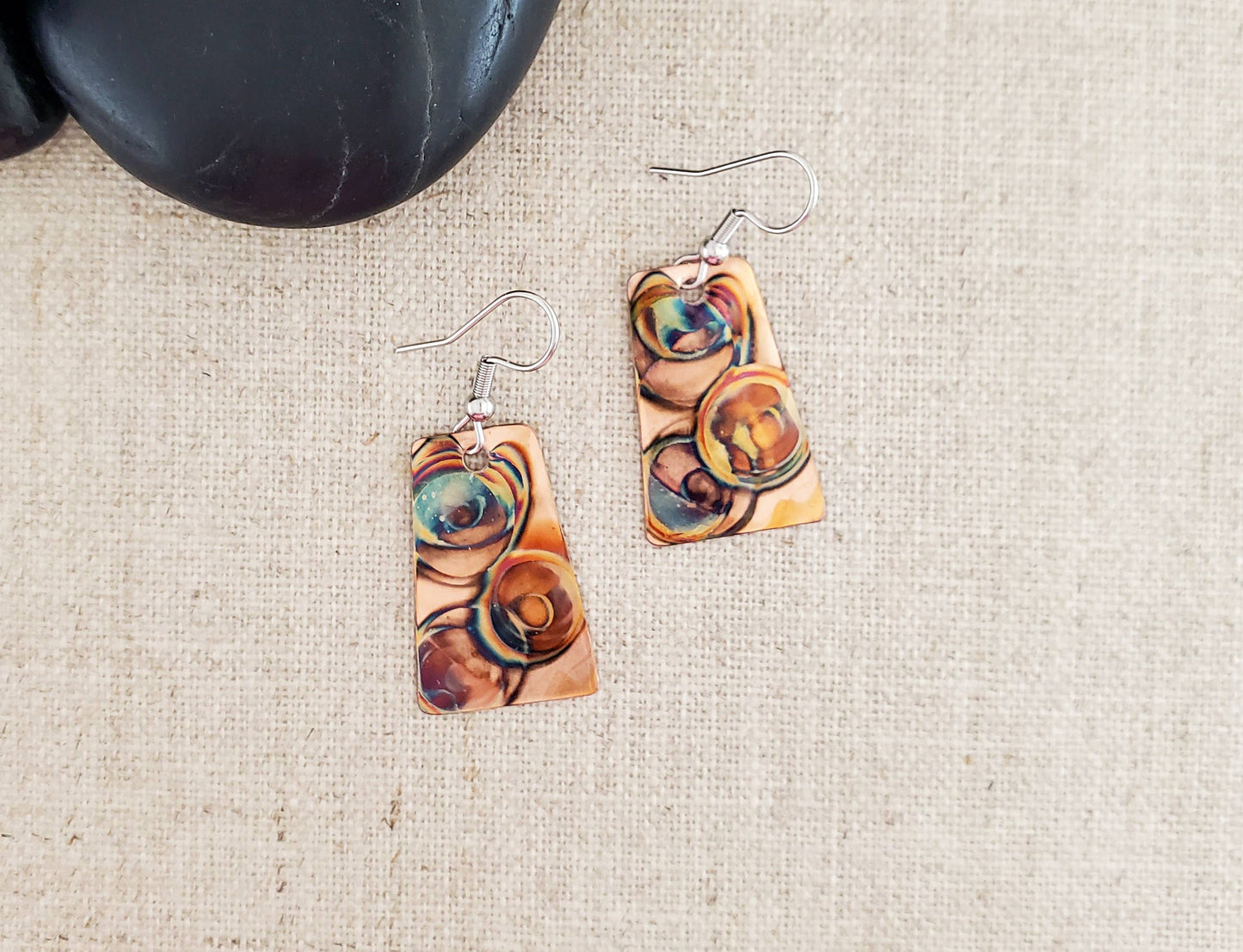 Flame Paint Small Trapezoid Copper Earrings