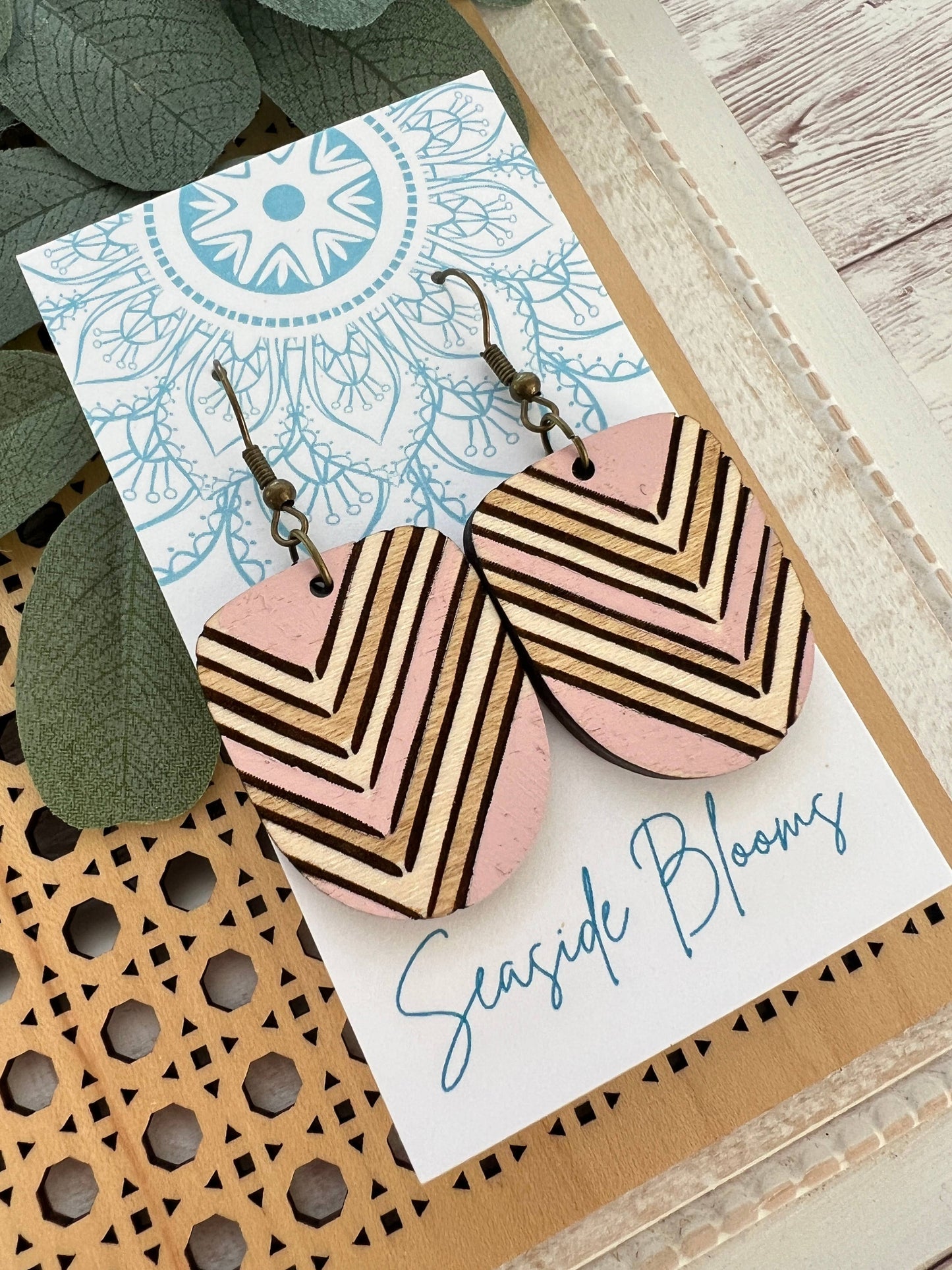 Boho pink hand painted lightweight wood earrings 