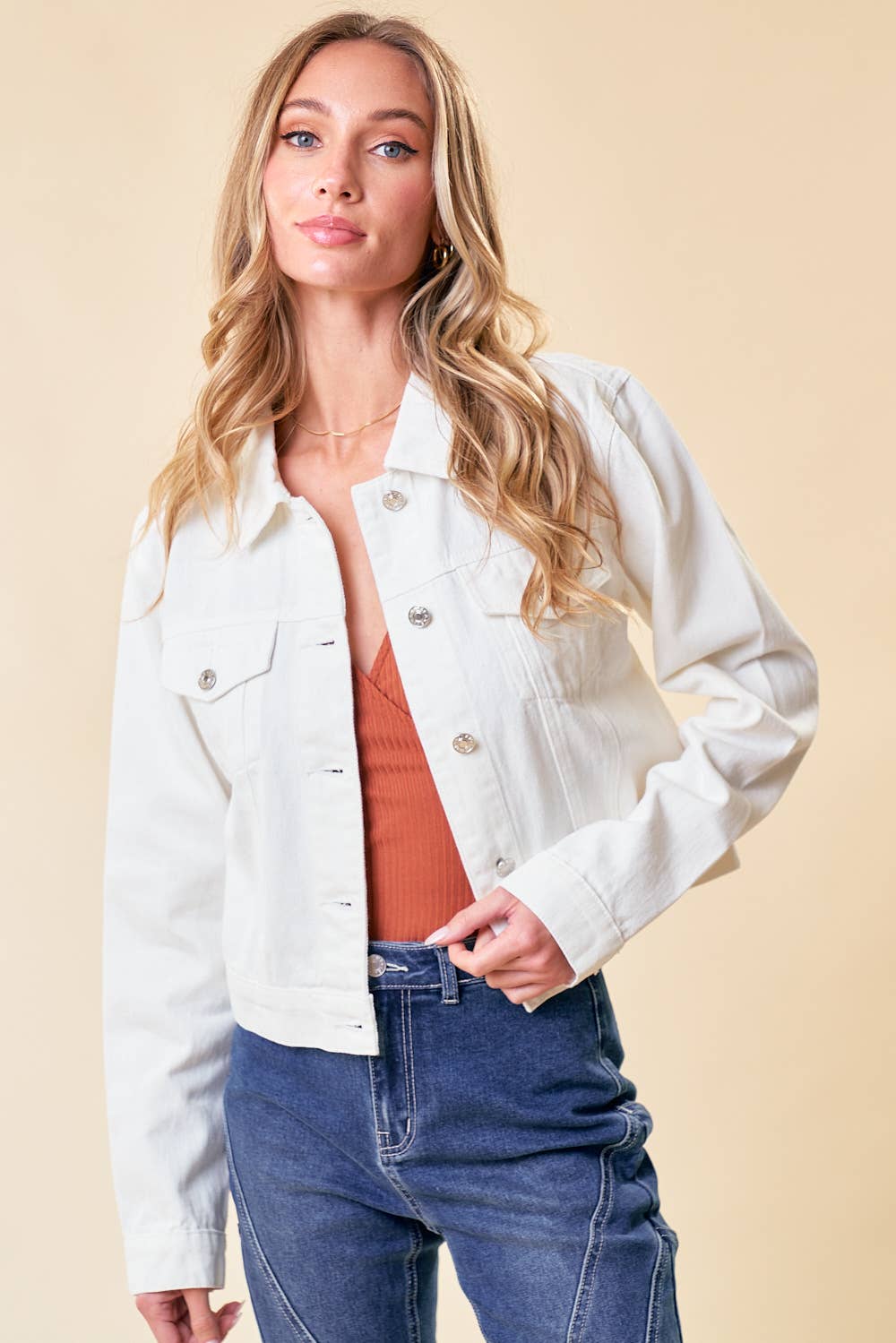 IVORY ESCAPE OFF WHITE DENIM CROPPED BUTTON DOWN JACKET