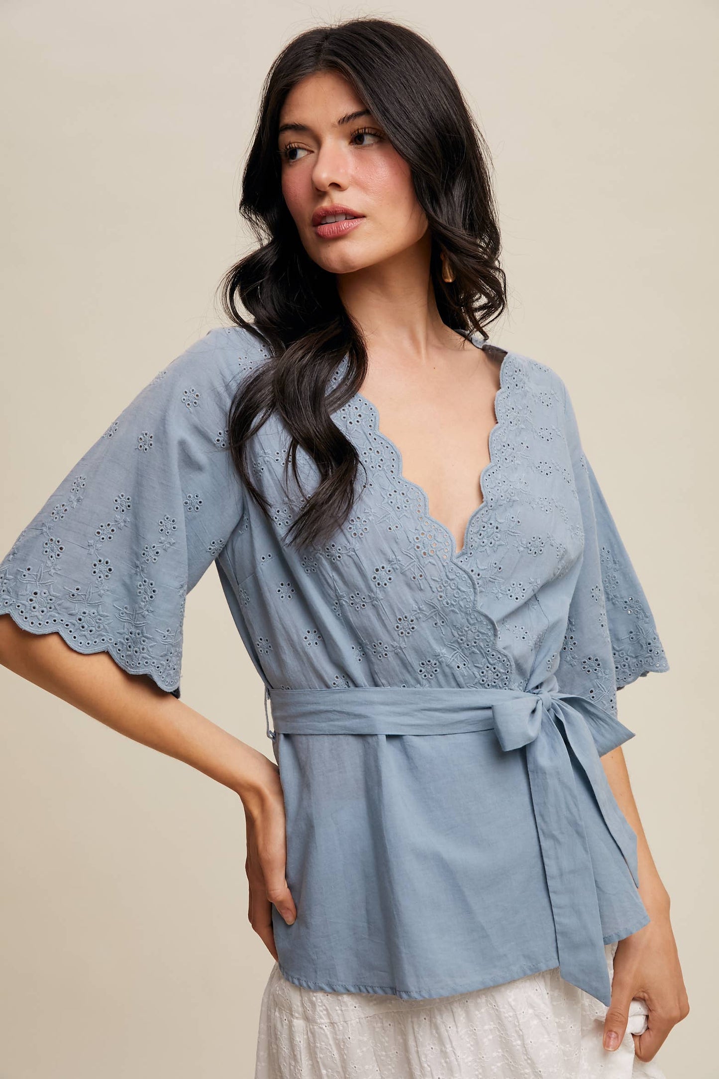 Eyelet Embroidered Wrap Blouse