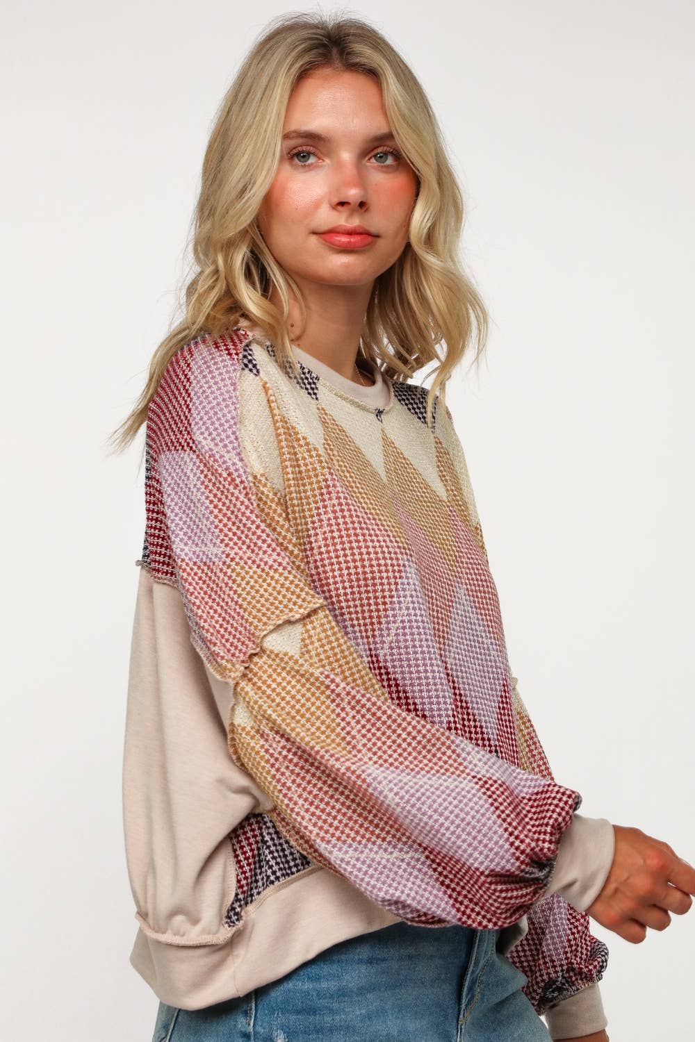 Argyle Print Oversized Long Sleeve Knit Top