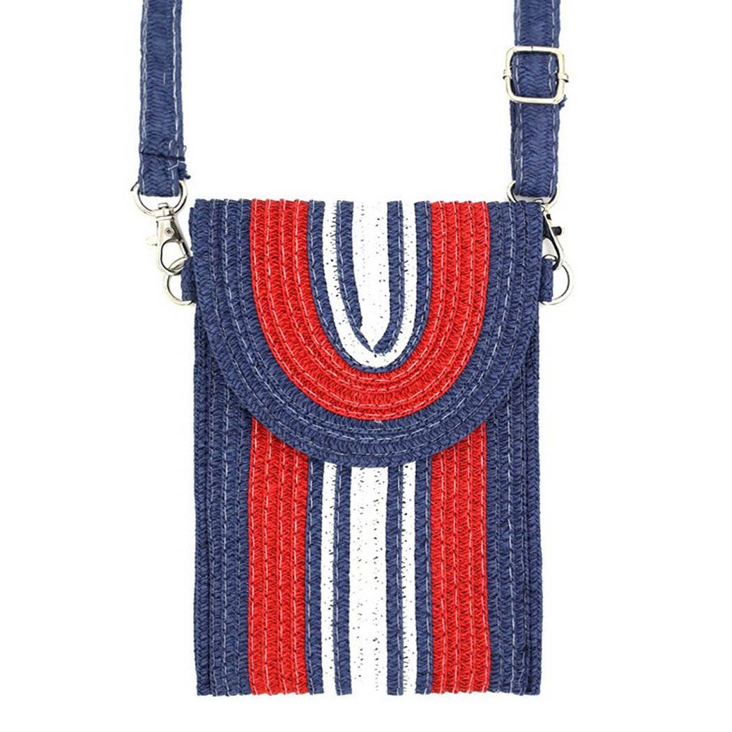 STRIPED PATTERN STRAW CELLPHONE CROSSBODY BAG