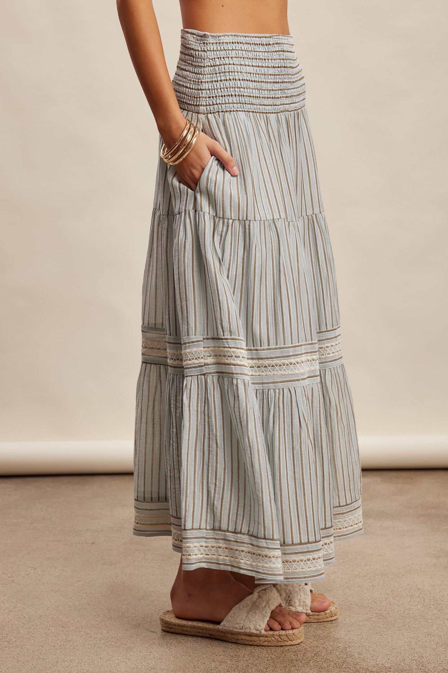 Striped Smocked Maxi Skirt with Embroidery Accents LSK0280