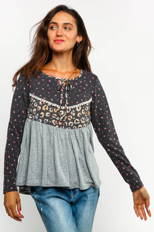 FLORAL LEOPARD BABYDOLL KNIT TOP