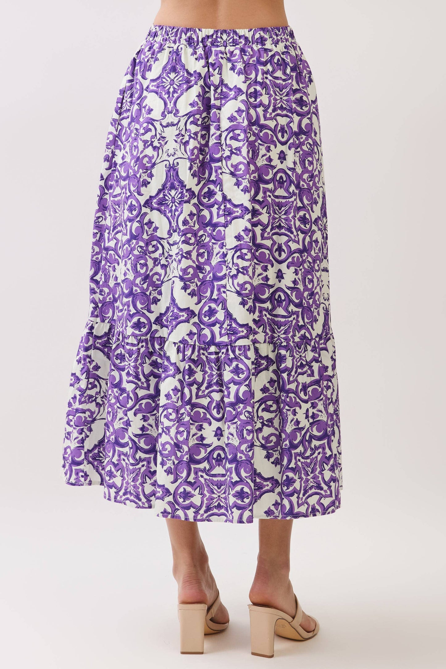 CS4076-Baroque Print Tiered Midi Skirt