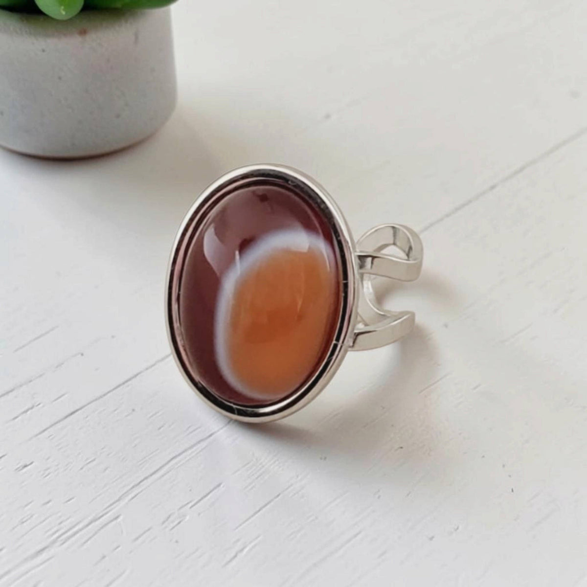 Orange Agate & Stainless Adjustable Ring Cuff