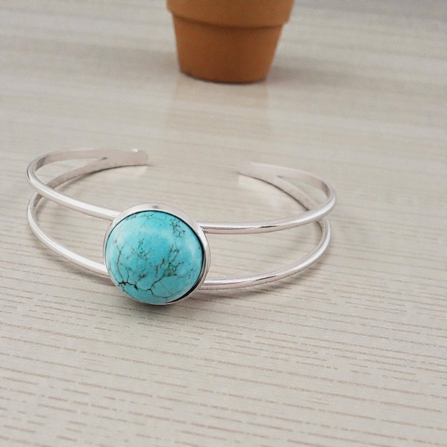 Blue Howlite & Stainless Bangle Bracelet