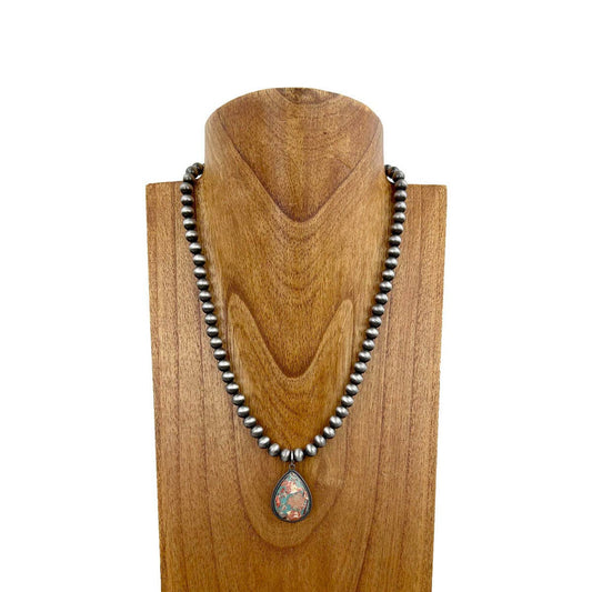 Silver Navajo pearl beads with teardrop  oyster copper turquoise pendant Necklace"