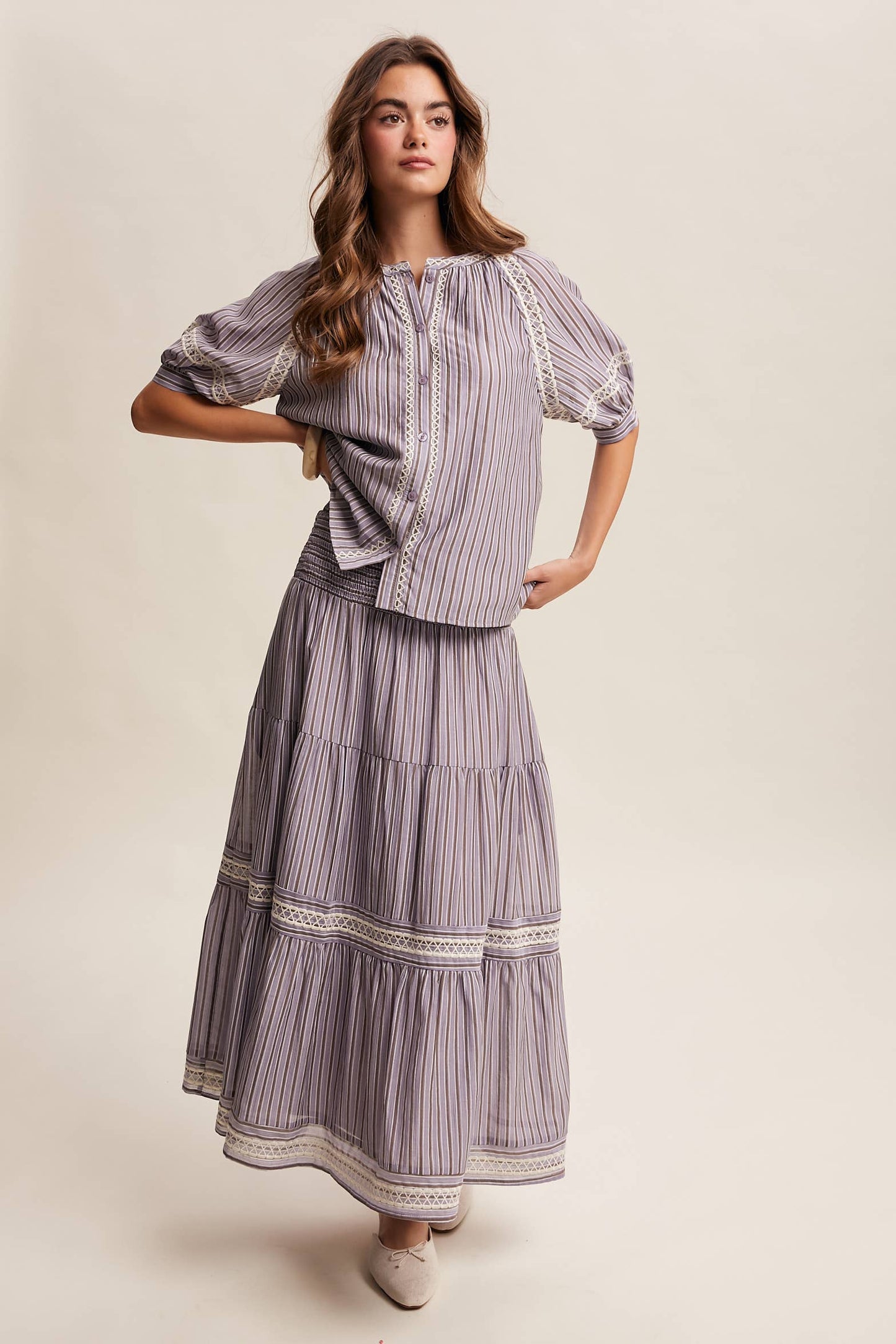 Striped Smocked Maxi Skirt with Embroidery Accents LSK0280