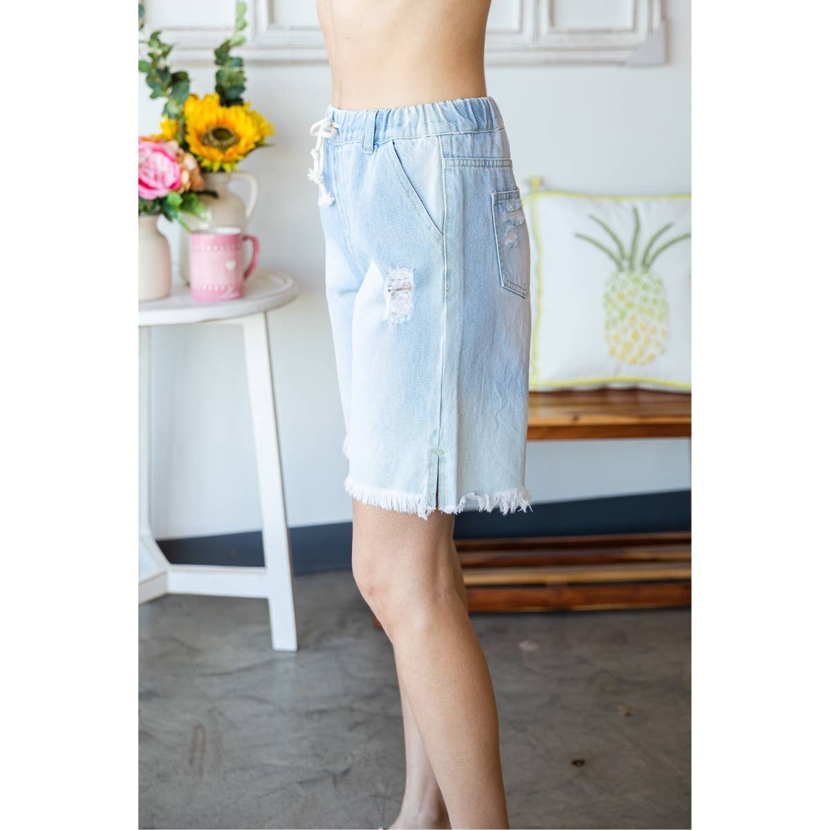 Elastic Waist Denim Sweat Shorts