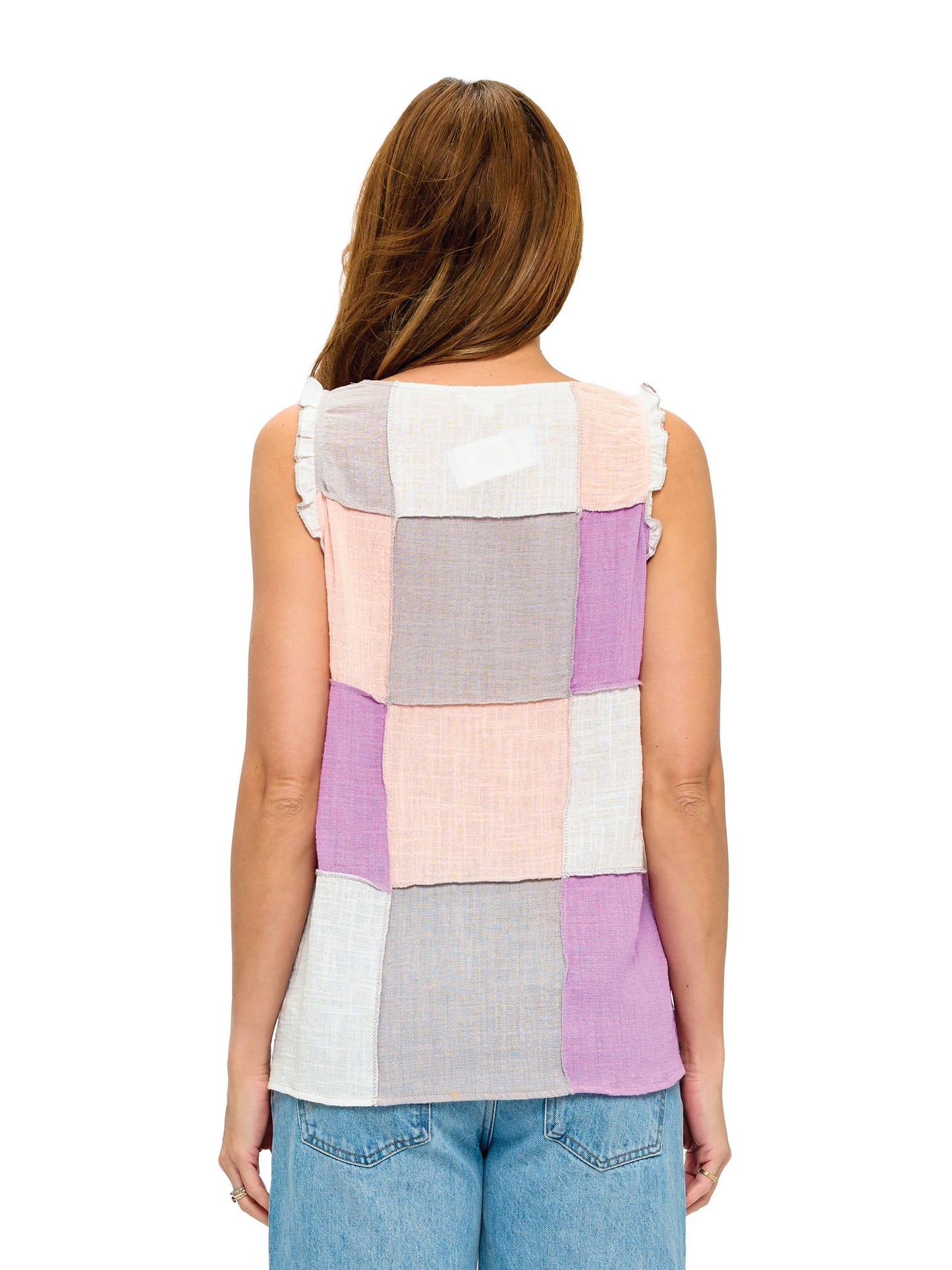 Boho Patchwork Colorblock Ruffle Details Top