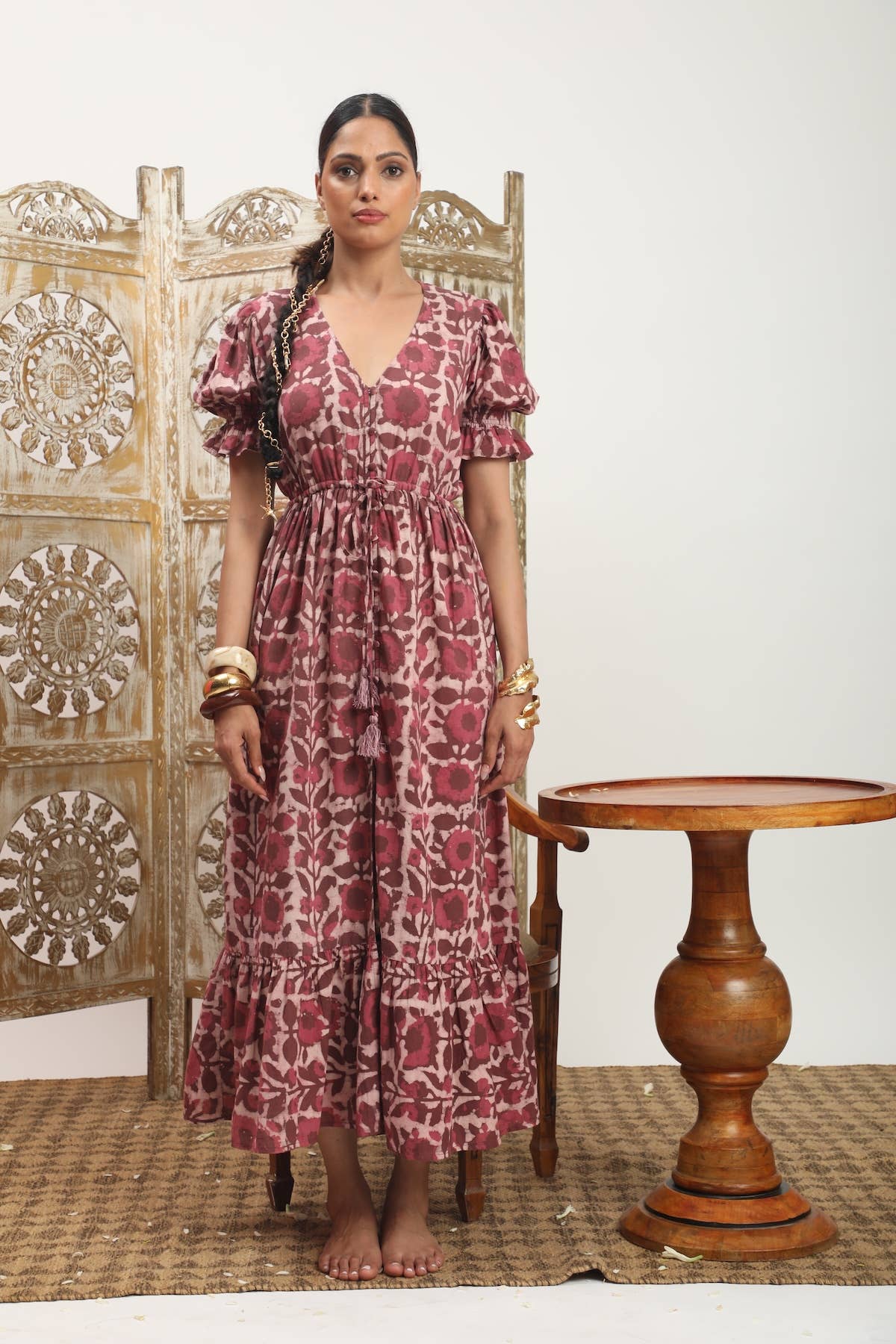 Hand Block Printed Naturally Dyed Cotton Maxi Dress (Emelie)