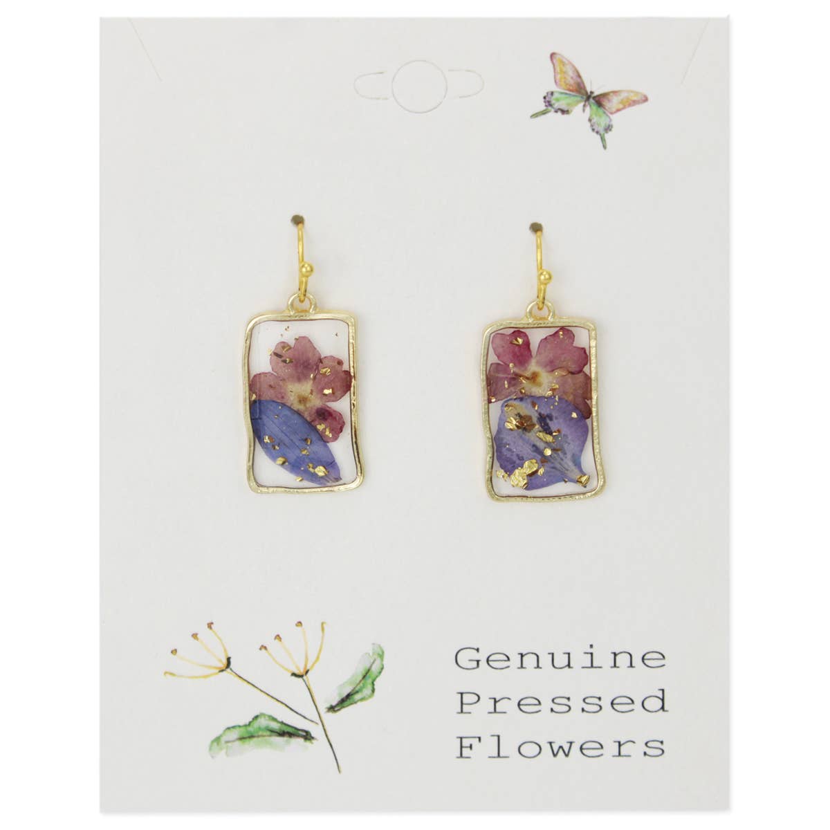 Purple Pink Dried Flower Rectangle Gold Earrings