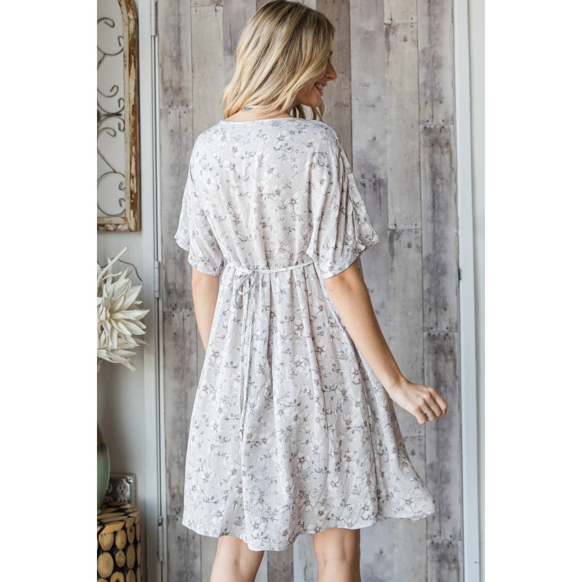 Floral Deep V Neckline Tie Waist Dress