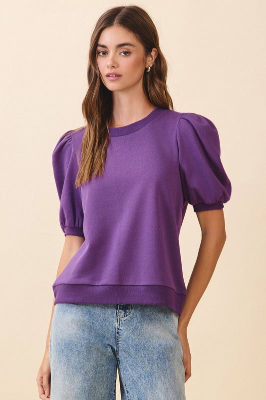 CT8936-Crew Neck Short Puff Sleeves Knit Top