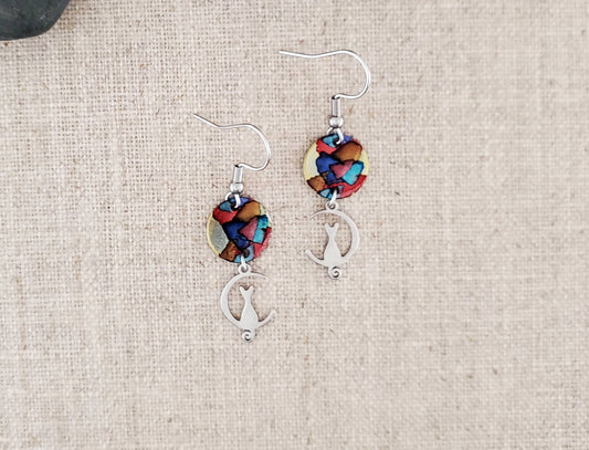 Alcohol Ink Stainless Steel Cat in Moon Earrings
