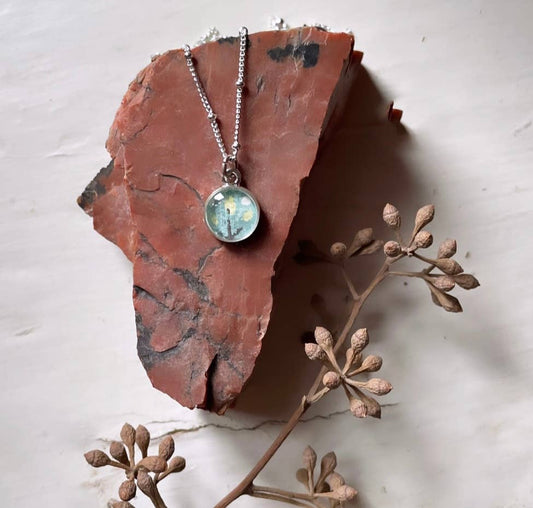 Tiny silver tree pendant necklace - blue, botanical, nature