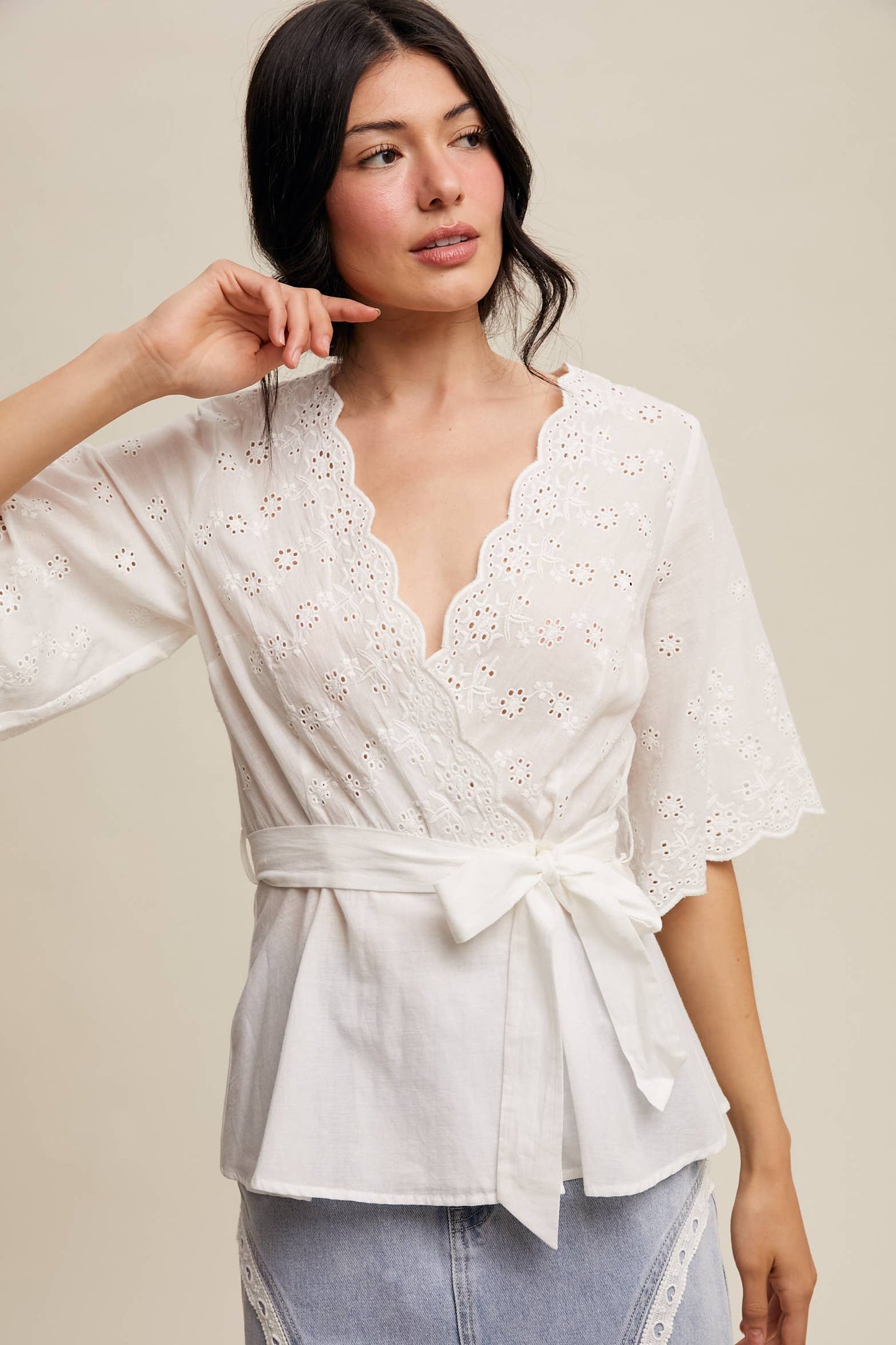 Eyelet Embroidered Wrap Blouse